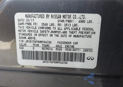 2017 Infiniti Q50 3.0T Signature Edition from USA, damaged, VIN JN1EV7AP6HM744334